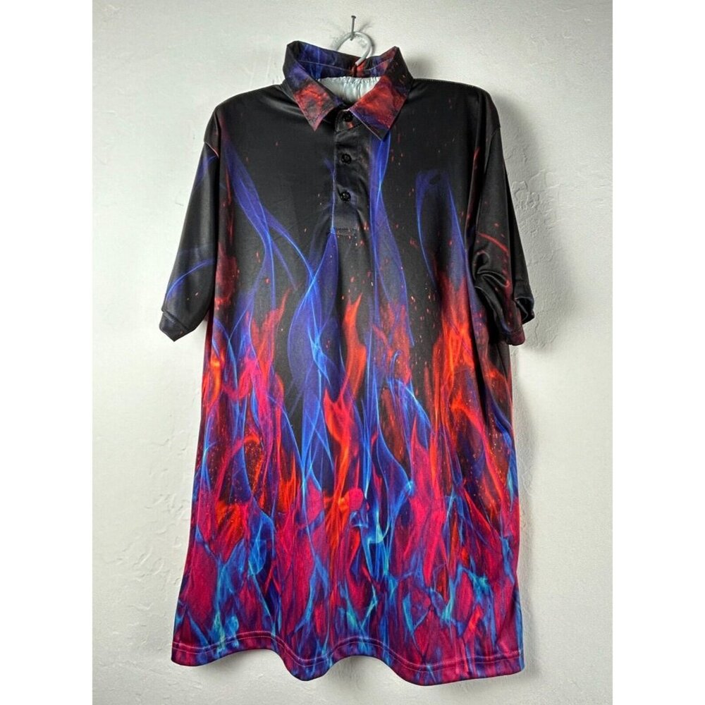 Play Loud Golf Men's 3D Flames Collared Polo Shirt Size XL Black Stretchable